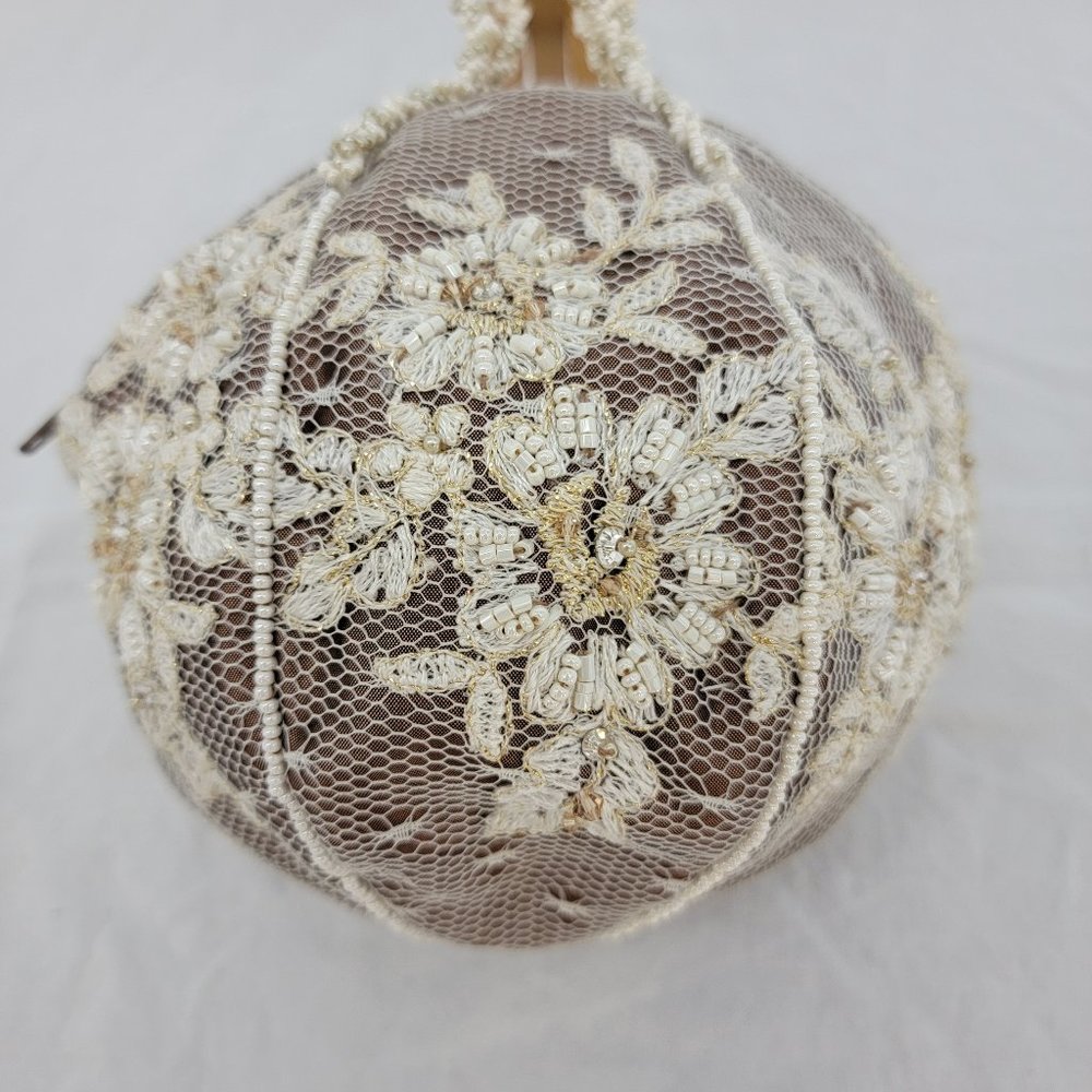 Satin Lace Pearl Bead Brown Ivory/Gold Wedding/Cocktail Small Ball Handbag Purse - Picture 3 of 12